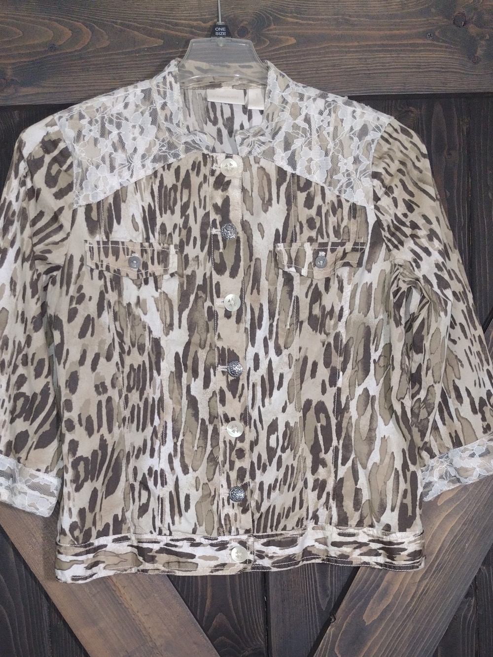 Chico's Women's Lace-Accent Animal Print Shirt/ Jacket - Beige/Brown